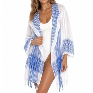J.Crew Women's Cover Up Tunic Blue White One Size Striped Cotton Fringe Beach